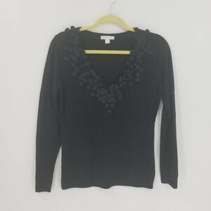 New York & Company Women's Raised Embellished V-Neck Sweater Black Size Medium